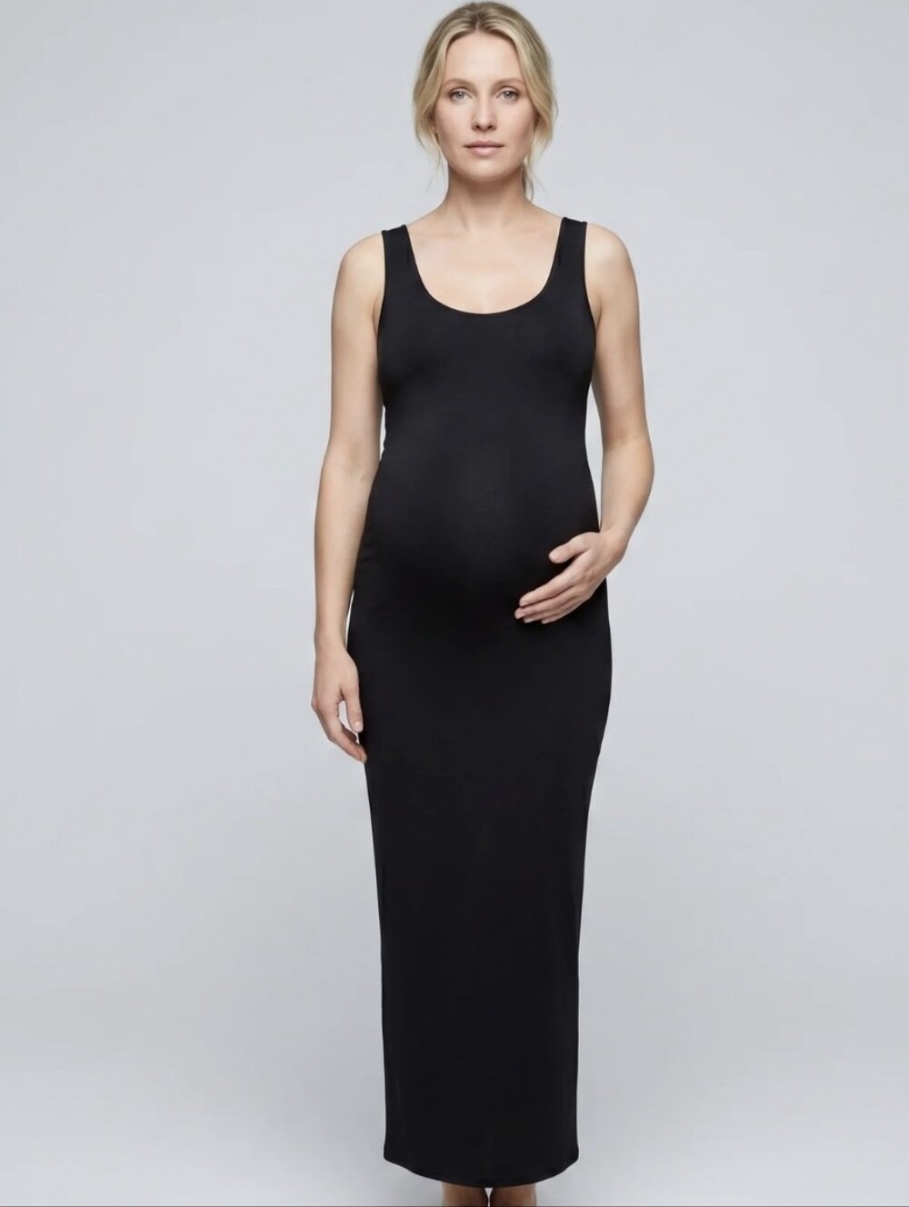 Gap Maternity Black Scoop Neck Stretch Maxi Dress Sz S (Ruching on the Side)